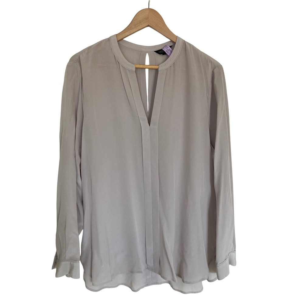 Lucky Brand Womens XL Taupe Grey Split V-Neck Long Keyhole Back Blouse